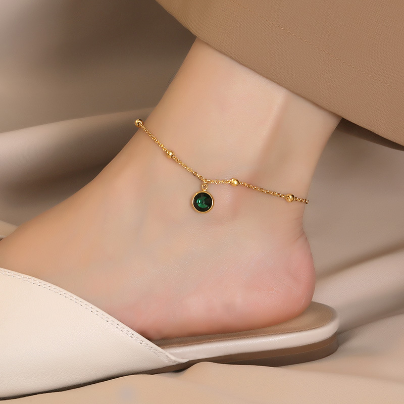 Dainty Gold Anklet with Green Crystal Pendant and Beaded Chain